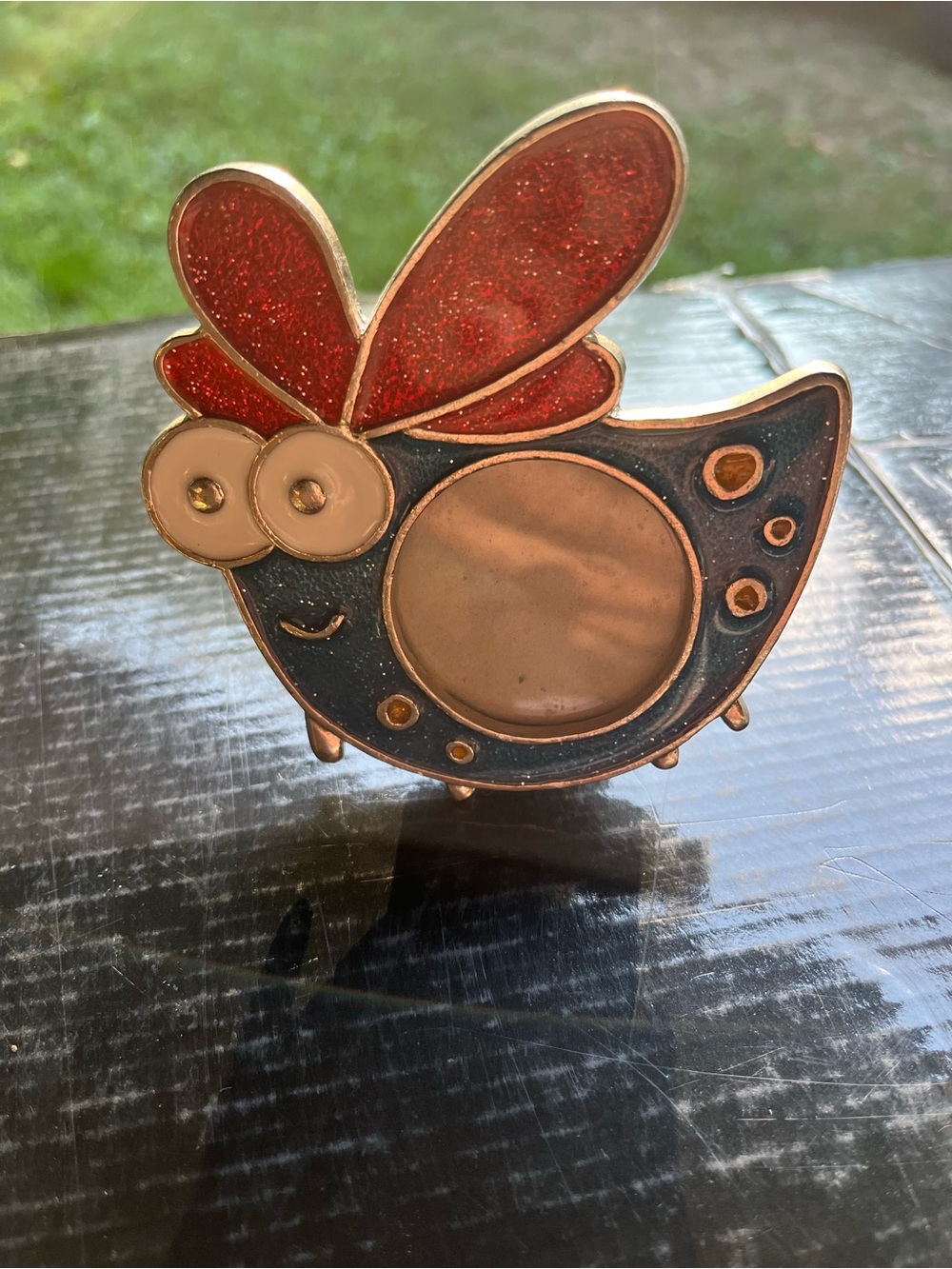 Whimsical metal and enamel chicken hen mini picture frame